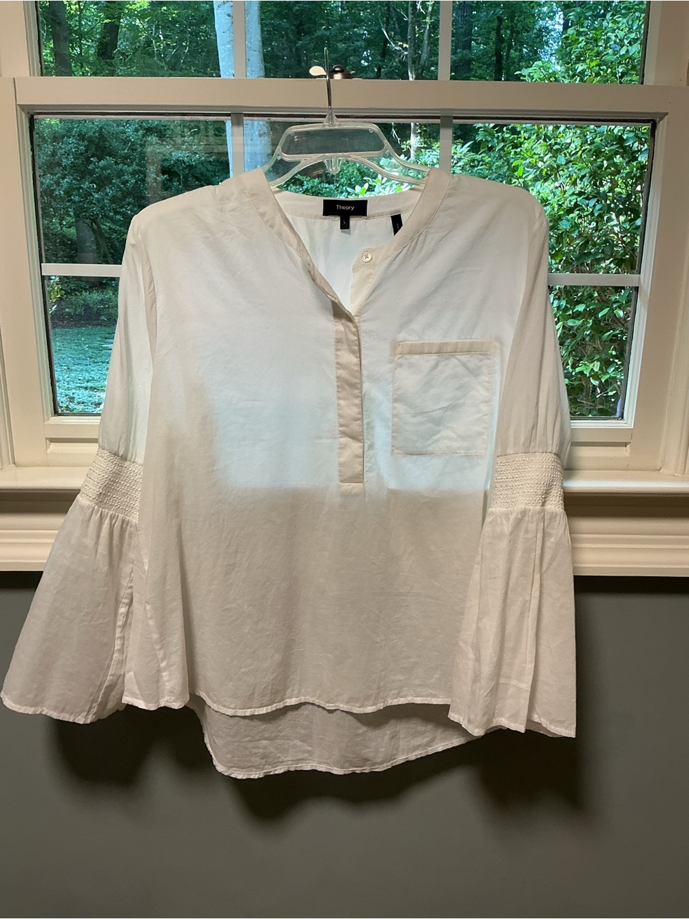Theory Women’s L White Voile Cotton Blouse With Smocked Flare Sleeves